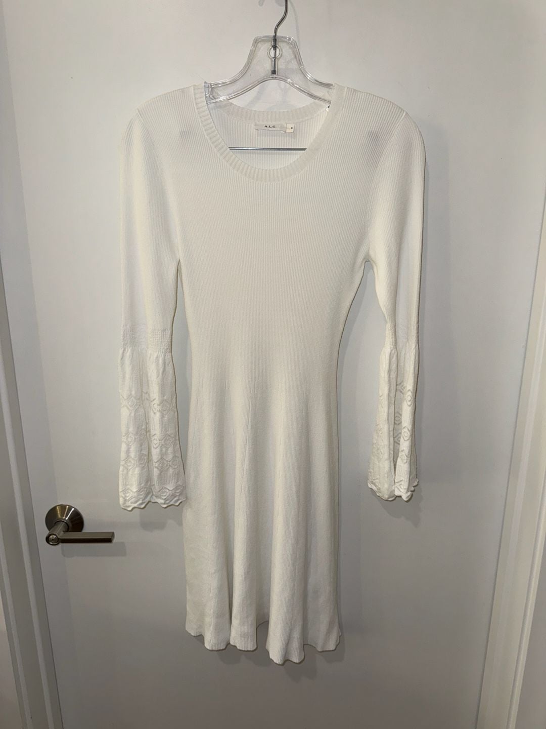 A.L.C. White Ribbed Knit Mini Dress With Embroidered Bell Sleeves